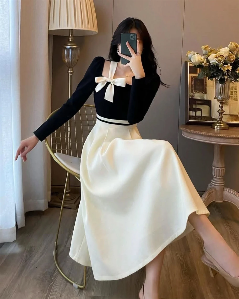 Customized Classic Black White Square Collar Off the Shoulder Long Sleeves Party Dresses Luxury Jersey Special Occasion Gowns