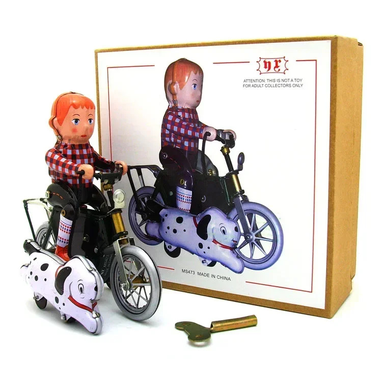 Brinquedo retrô wind up para crianças e adultos, lata de metal, o menino anda com o cachorro de bicicleta, motocicleta, brinquedo mecânico, figuras modelo, presente, diversão