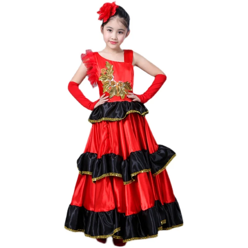 2023 New Spanish Costume Girl Long Red Flamenco Dress Costumes for Kids Clothes Ballroom Skirt for Girls Child Dance Dresses