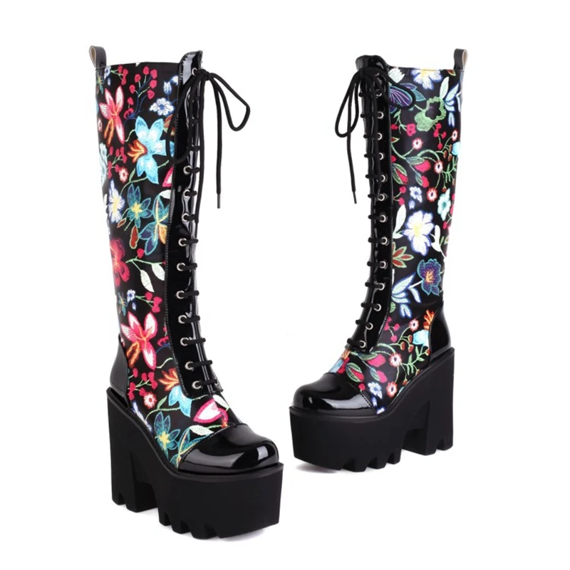 

BLXQPYT Сапоги до колена женские толстые высокие каблуки с перекрестным ремешком кожаный принт с цветочным принтом и внутренней молнией, длинные ботинки на платформе, большой размер 44 6626