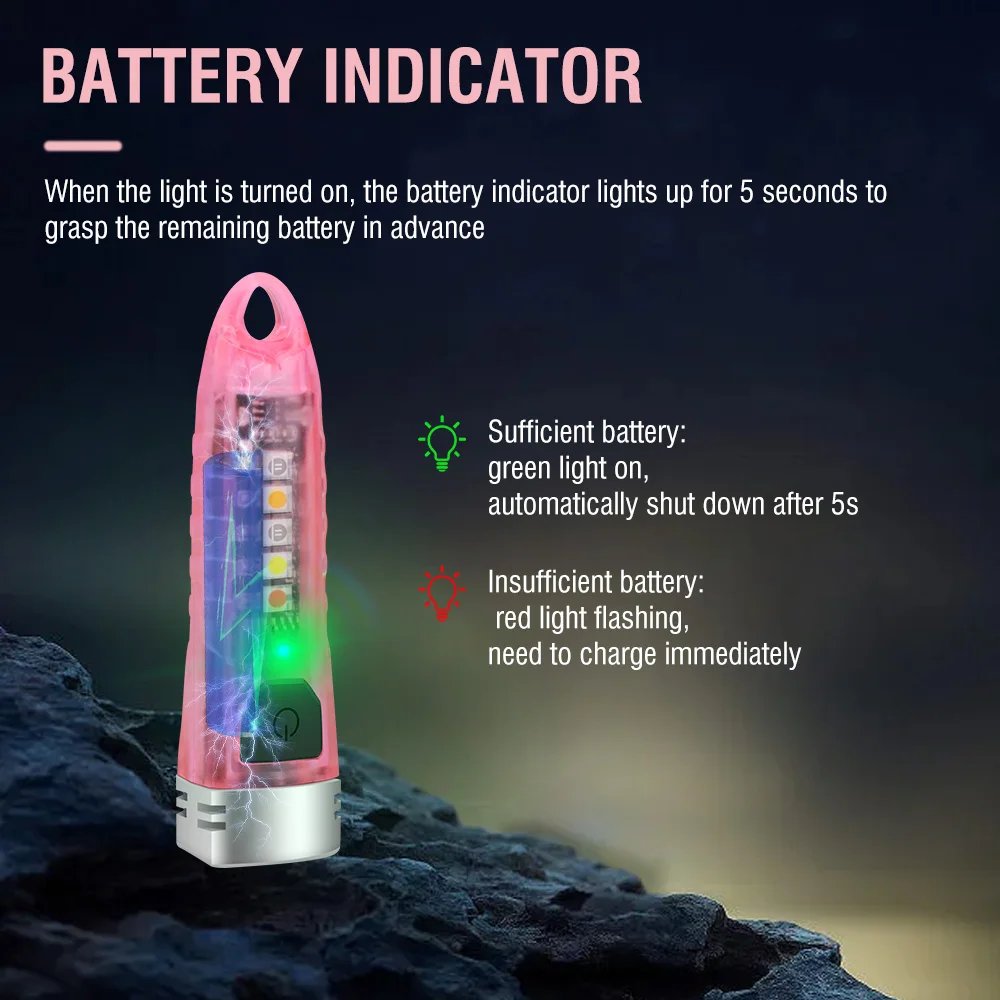 BORUiT V1 Keychain Flashlight Type-C Rechargeable Torch PINK Portable Mini Work UV Light Waterproof Pocket Camping Lantern