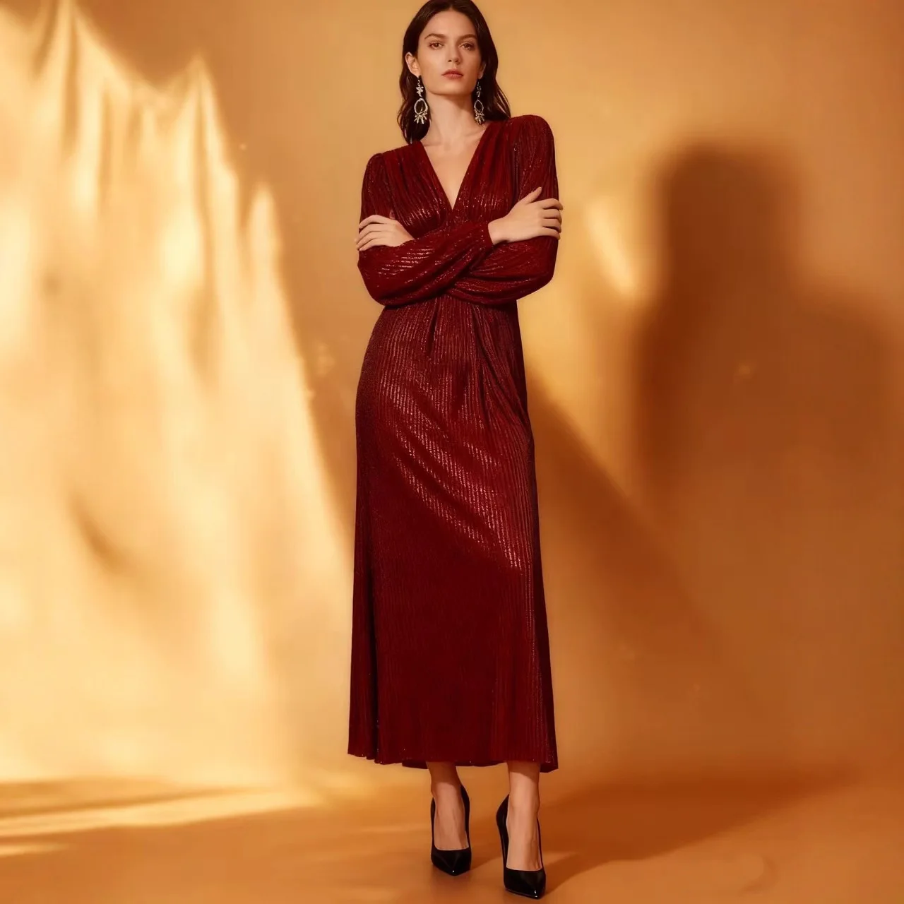 2025 invierno nueva exportación Rhinestone elegante cuello en V gran banquete vestido largo de noche