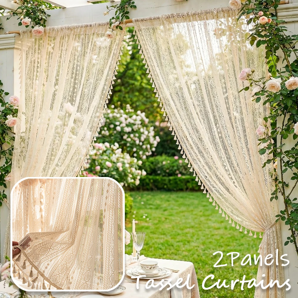 

2Panels Flower Lace Tassel Curtains for Window Sliding Door Kitchen Light Translucent Living Room Sheer Romantic Home Decoration