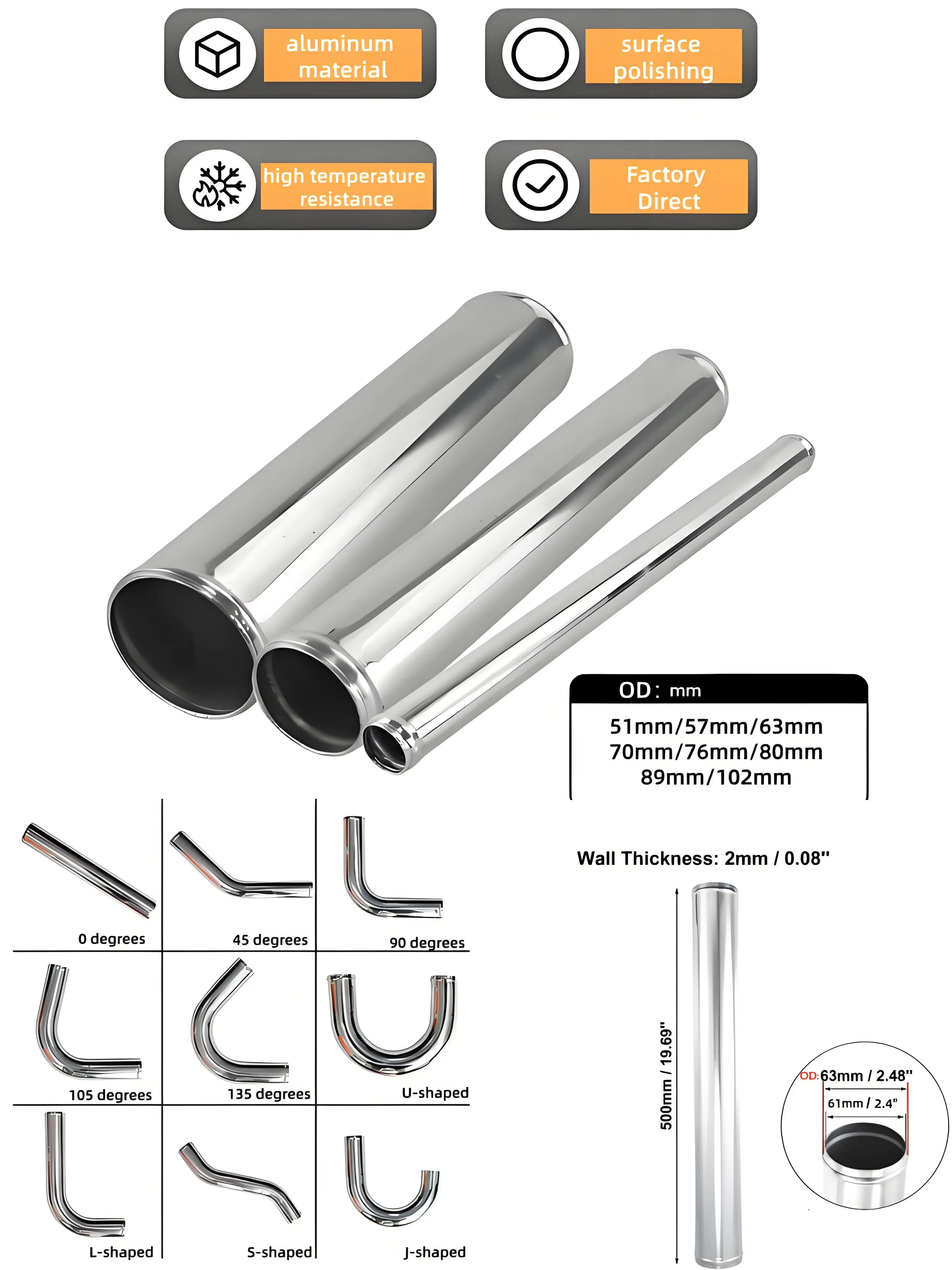 

Aluminum alloy bent pipe OD 80mm Car modification intake straight pipe 45 90 Degrees Air Tube U-shaped For car modification
