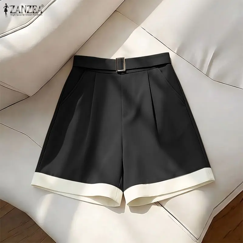 ZANZEA Fashion Contrast-Color Shorts Women Elastic Back Waist Loose Solid Color Short Pants Summer Office Lady Commute Bottoms