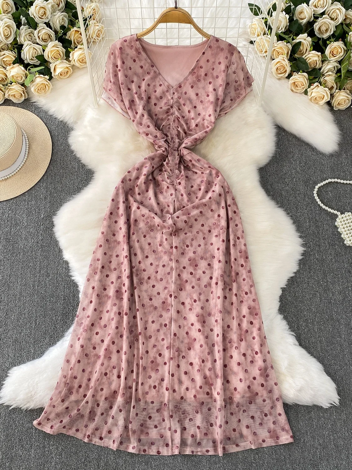 Roze Polka Dot V-Ne ort Sve Dames Dr Zomer A-lijn Midi Rok Verzamelde Taille Afslanken Me Pendelen Sle Hoge Taille