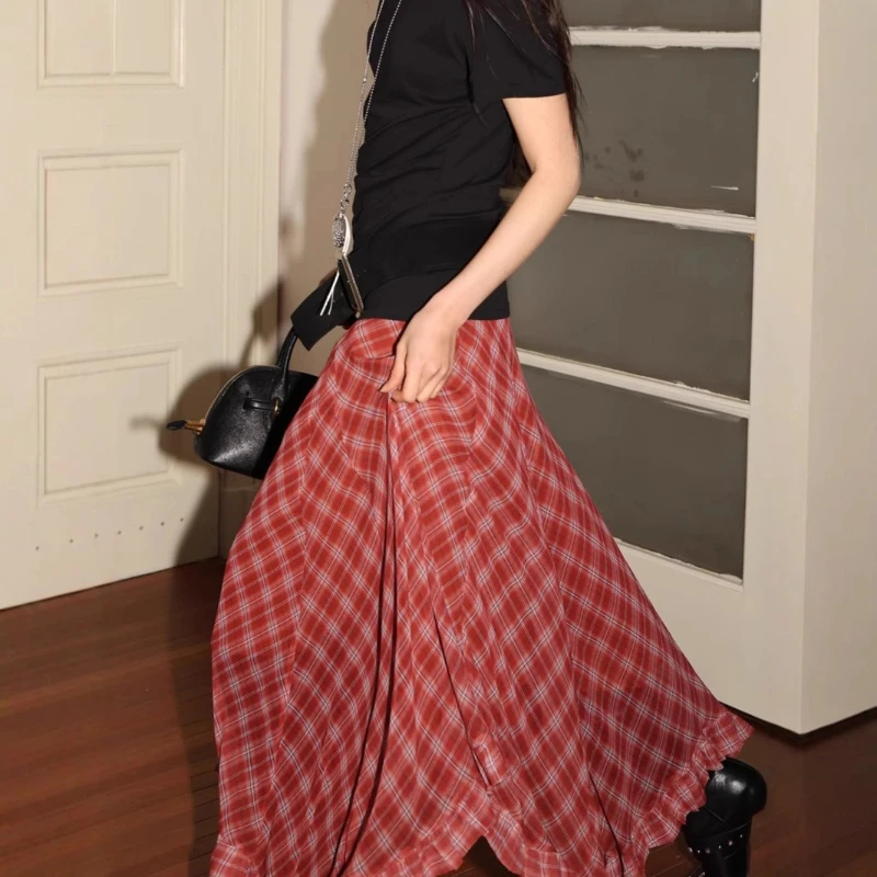 

Early spring vintage plaid mid waist irregular black fungus edge hem mid length chiffon skirt