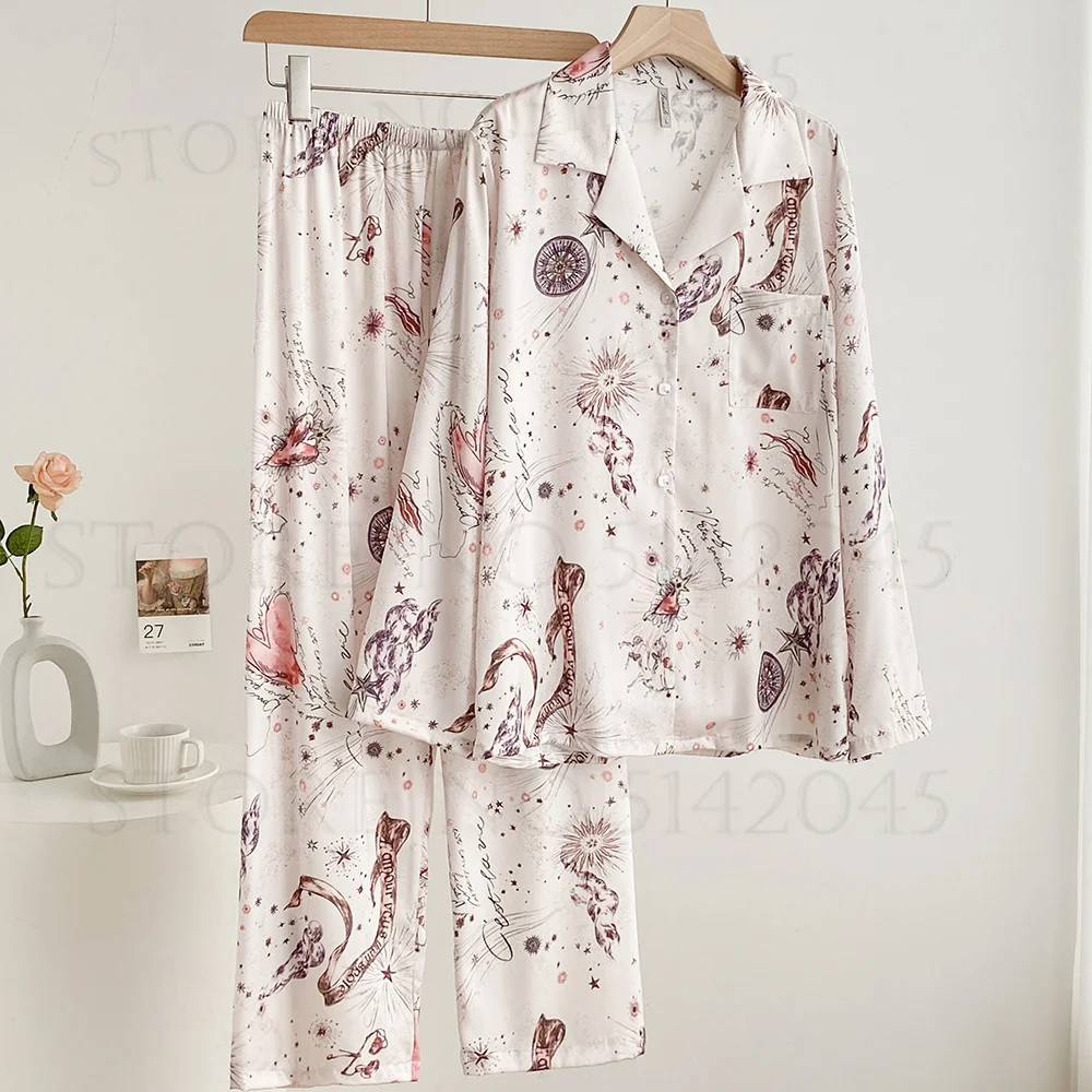 Female 2PCS Pajamas Set Lingerie Spring Summer New Sleepwear Trouser Suits Sexy Pink Print Flower Nightwear Loose Satin Homewear