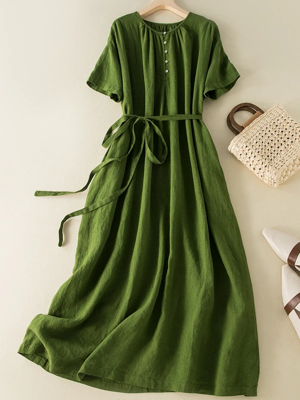 

Elegant Crumpled Long Dress Women's plus Size Loose Slimming Artistic Style Retro Short Sleeve Maxi Dress Casual High Waist