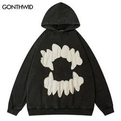 Vintage Hoodie Sweatshirt Y2K Grunge Hip Hop Embroidery Teeth Patch Washed Hooded 2024 Harajuku Punk Gothic Pullover Streetwear