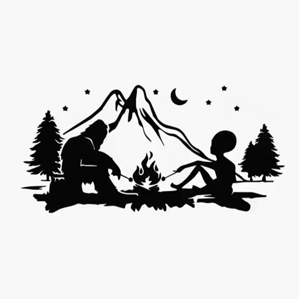 エイリアンとビッグフットのキャンプファイヤービニールデカール、RVキャンピングカーバン用の楽しいアウトドアアドベンチャーステッカー、防水で取り外し可能な車の窓の装飾