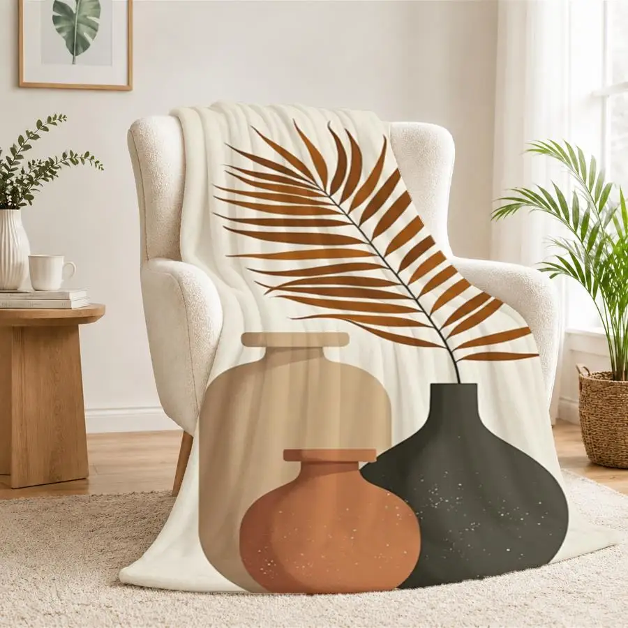 Modern Abstract Vases Flannel Throw Blanket - Minimalist Earthy Tones with Dried Palm Frond, Soft Warm Cozy Blanket for Couch Bed Office Travel, Vintage Mid-Century Home Decor Gift 2D Flat Weighted Blanket 280GS