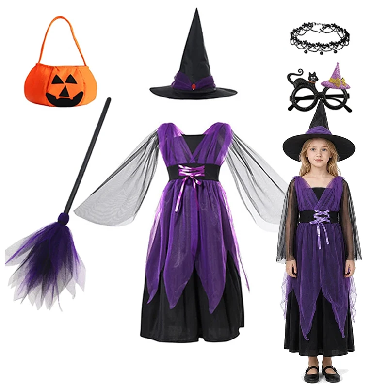 Halloween Witch Fancy Dress Gift Kit For Kids Purple Black Irregular Tulle Dress Hat Party Photography Cosplay Set