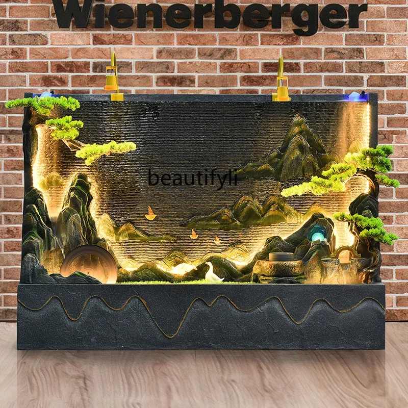 flowing water fountain, living room, courtyard, floor-to-ceiling water curtain wall, company sign,   ornament