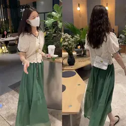 Women's Chic Summer Clothing 2024 Korean Graceful Lace Shirt+Mesh A-Line Midi Skirts Two Piece Set Lady Elegant Short Sleeve Top