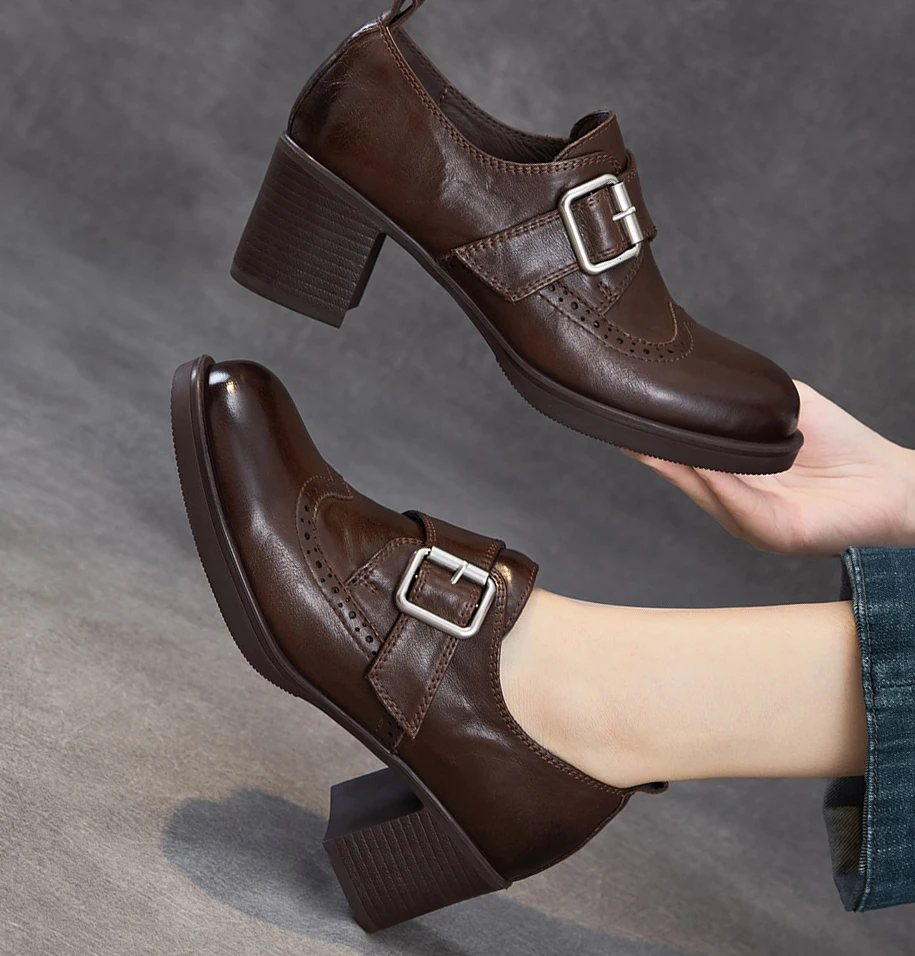 EAGSITY cow leather women's casual oxford shoes chunky heel lace up derby shoes leisure street style retro sneaker