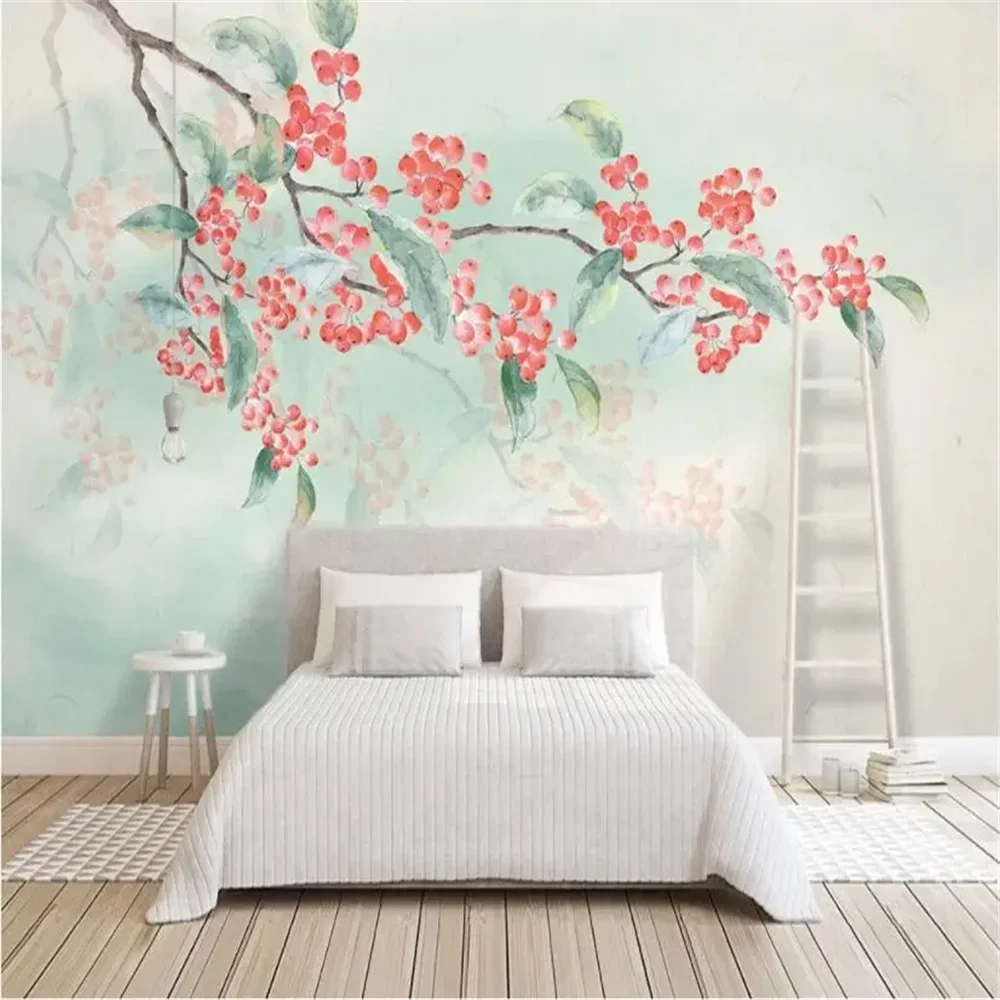 Custom Mural Colorful flowers birds Wall paper 3D branches Wall Painting wallpapers for Living Room Study Mural art stickers
