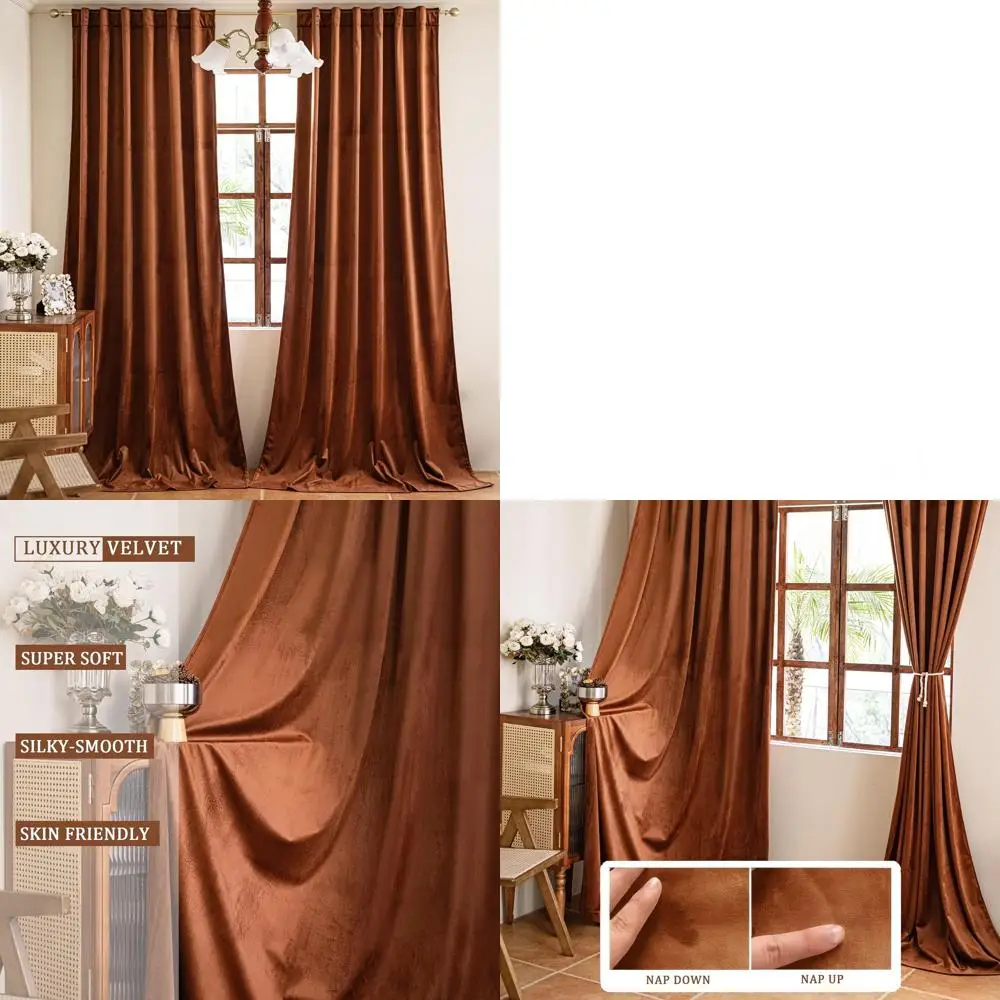

Luxury Velvet Burnt Orange Blackout Curtains, Thermal Insulated, Soundproof, 52x108 for Bedrooms & Living Rooms