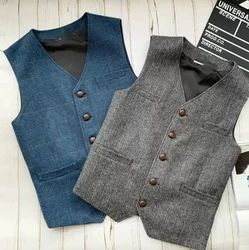 Men's Vests Blue V Neck Plaid Herringbone Tweed 4 Pocket Retro Tooling Waistcoat Single Breasted Male Gentleman Business Vest