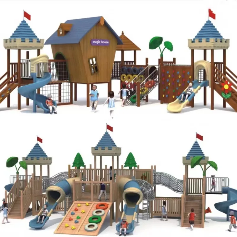 Kindergarten outdoor large wooden slide combination climbing frame children's outdoor tree house community amusement equipment