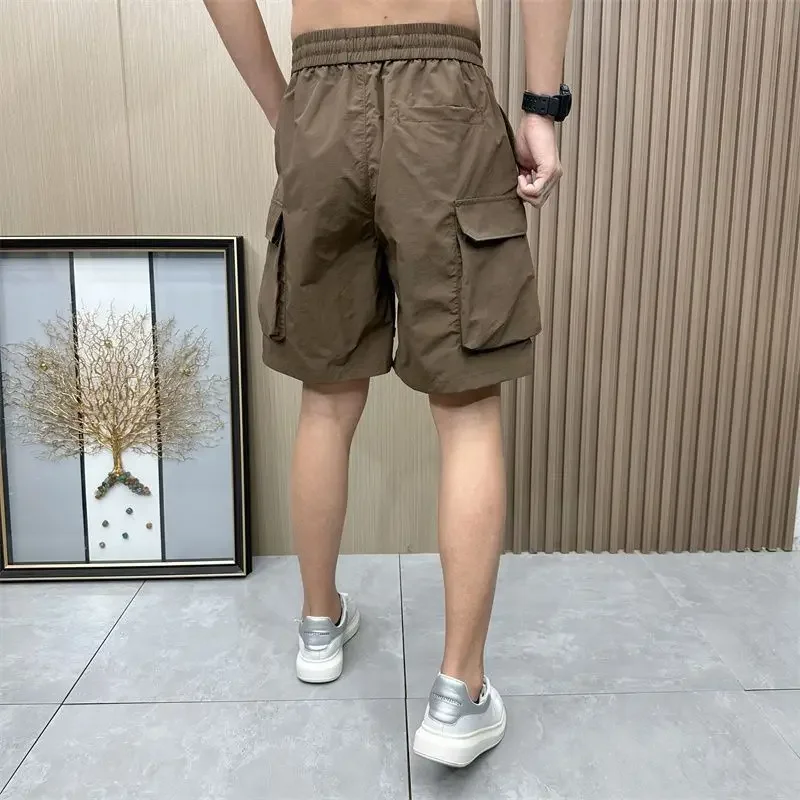 

Elastic Waist Half with Draw String Men's Cargo Shorts Pockets Solid Loose Baggy Male Short Pants Wide Bermuda Long Elegant Y2k
