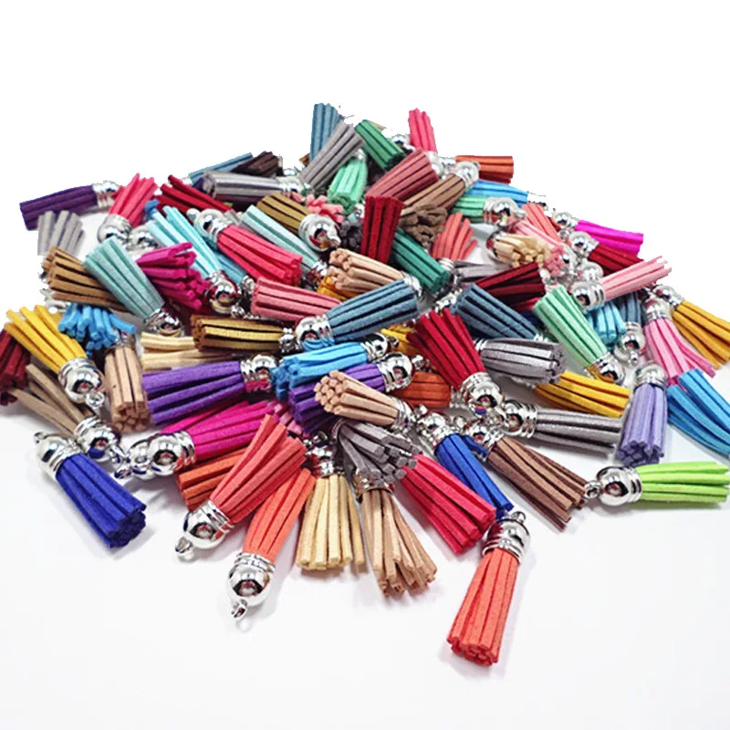 

30pcs 38mm Leather Tassel For Keychain Cellphone Straps Jewelry Fiber Fringe Suede Tassel DIY Pendant Tassel with Caps Findings