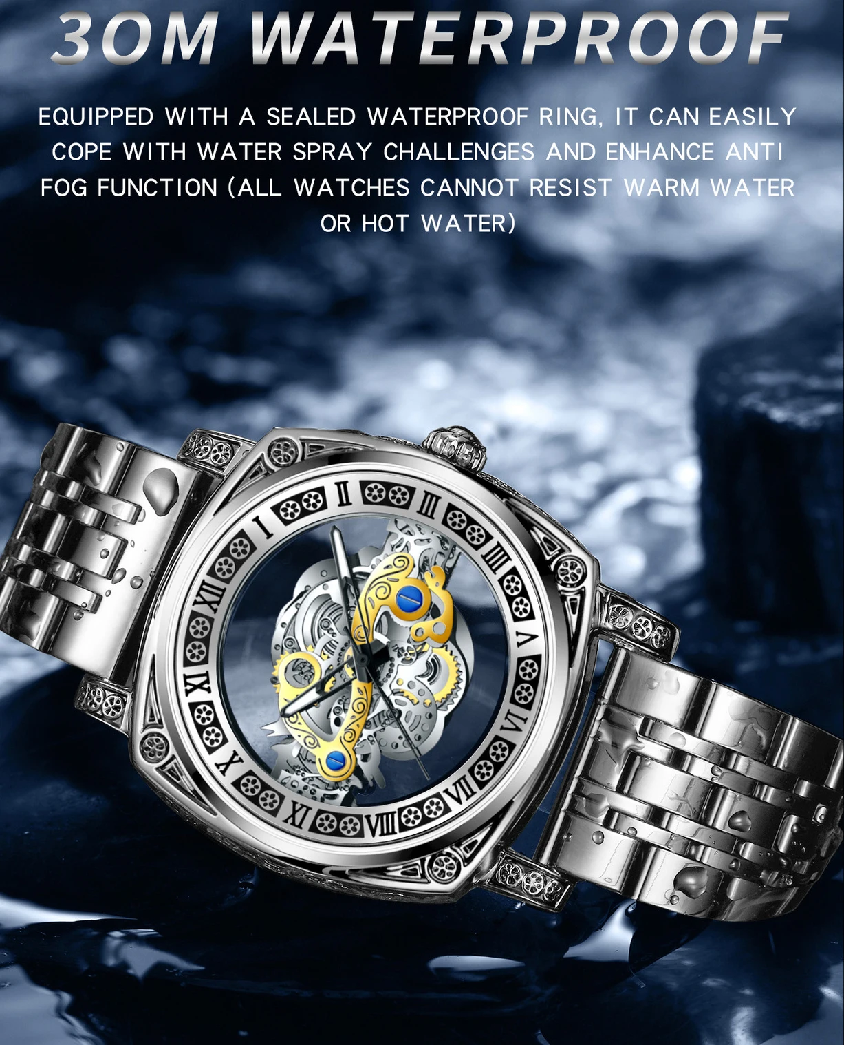 メンズ腕時計スポーツレトロ彫刻本革ステンレス鋼トゥールビヨン防水中空男性ファッションクォーツ時計ギフト