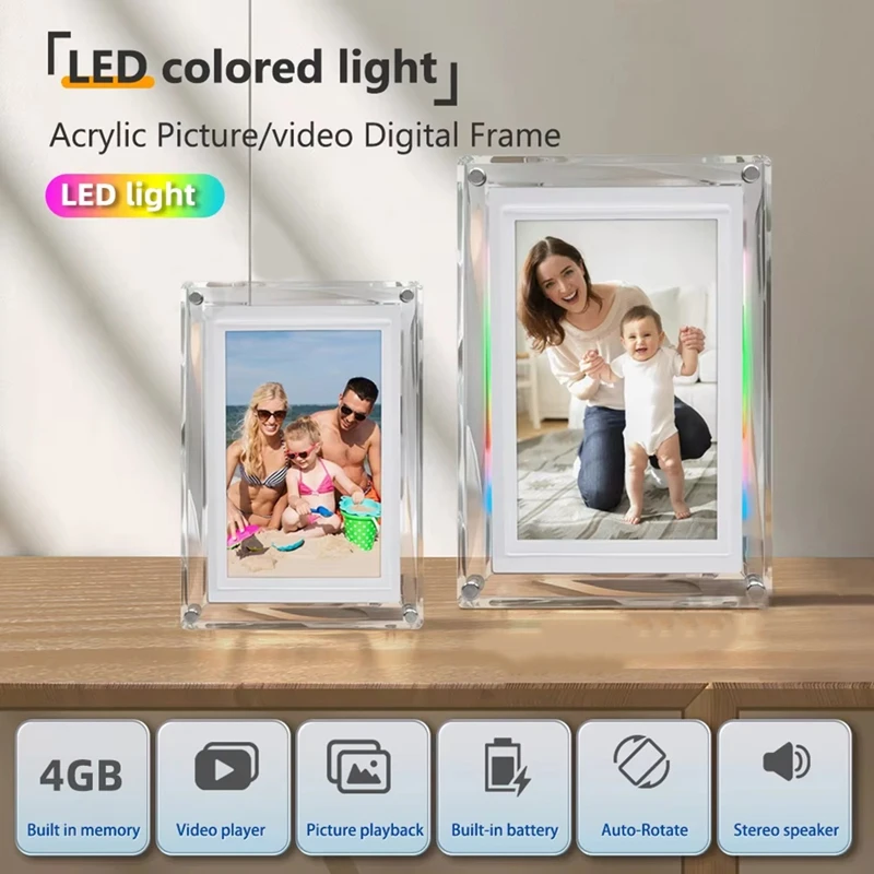 A82I-IPS Digital Picture Photo Frame With Music-Sync LED Ambient Light Auto-Rotation 4GB Video/Photo Playback US Plug