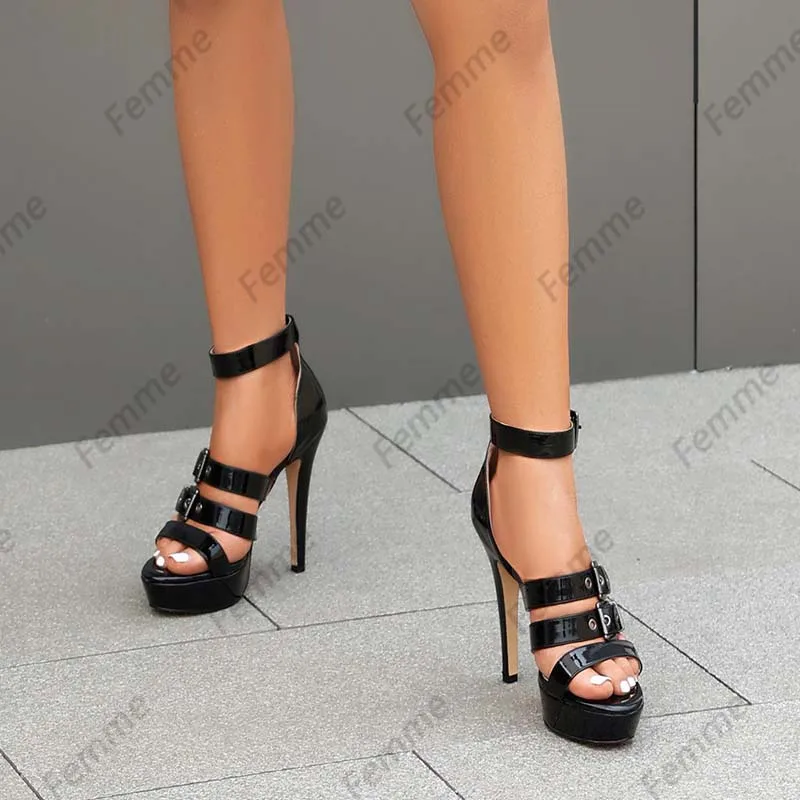 صنادل نسائية ذات كعب عالٍ مصنوعة يدويًا للنساء - جلد أسود لامع مع حزام للكاحل للسيدات مقاس أمريكي 36-43 #6
