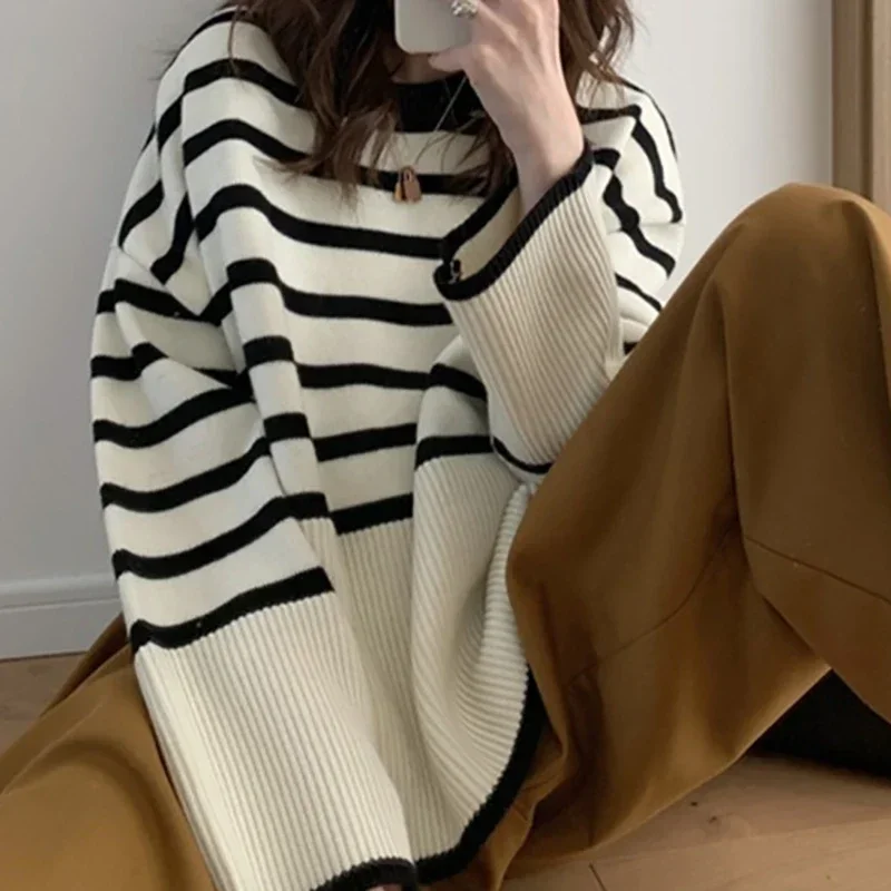 Women Striped Loose Thermal Sweater O-Neck Long Sleeve Thicken Knitted Pullovers Casual Sweater For Women 2024 Autumn Winter