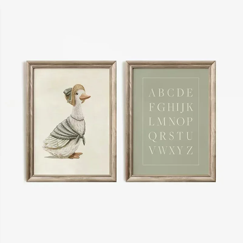 Green Bohemian Nursery Gallery Wall Poster Sage Bunny and Duck Early Learning Kids Room Bedroom Living Room Decorative Wall Art