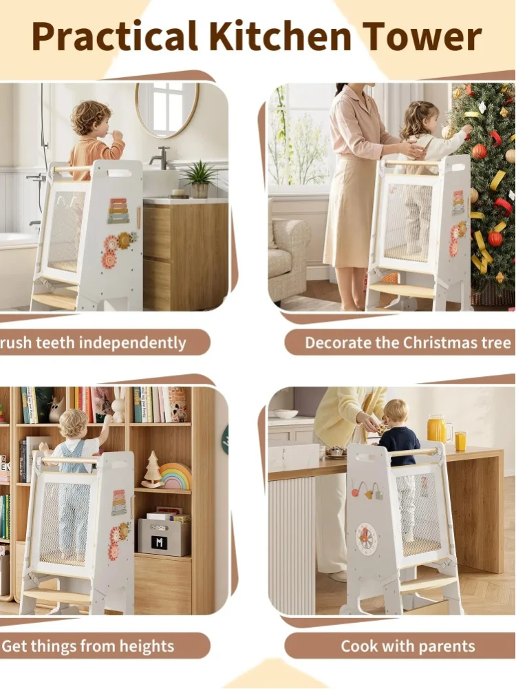Kinder-Stehhocker, Küchenhelfer-Hocker mit abnehmbarem Sicherheitsbrett, höhenverstellbar, verwandelt sich in einen Hochstuhl mit Rutsche und Tafel, Montessori-Aktivität