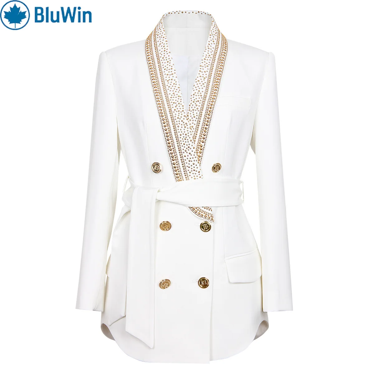 

BluWin Elegant White Blazer – Gold Sequin Detail and Belted Waist for a Glamorous, Sophisticated Look