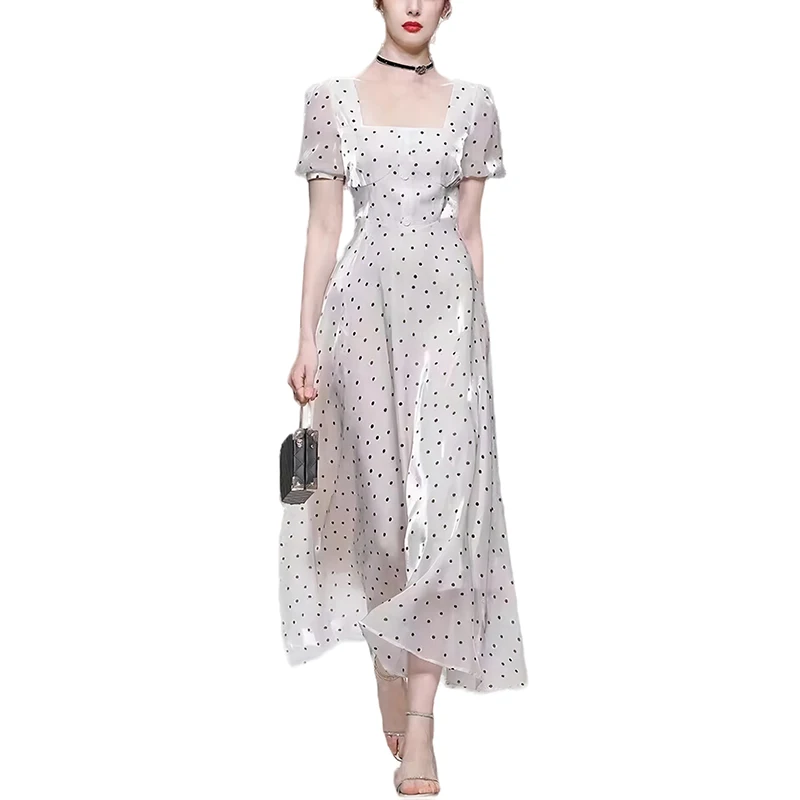 Women Elegant Dress High Quality 2023 Runway Square Collar Short Sleeves Polka Dot Vestidos Casual NP1990C