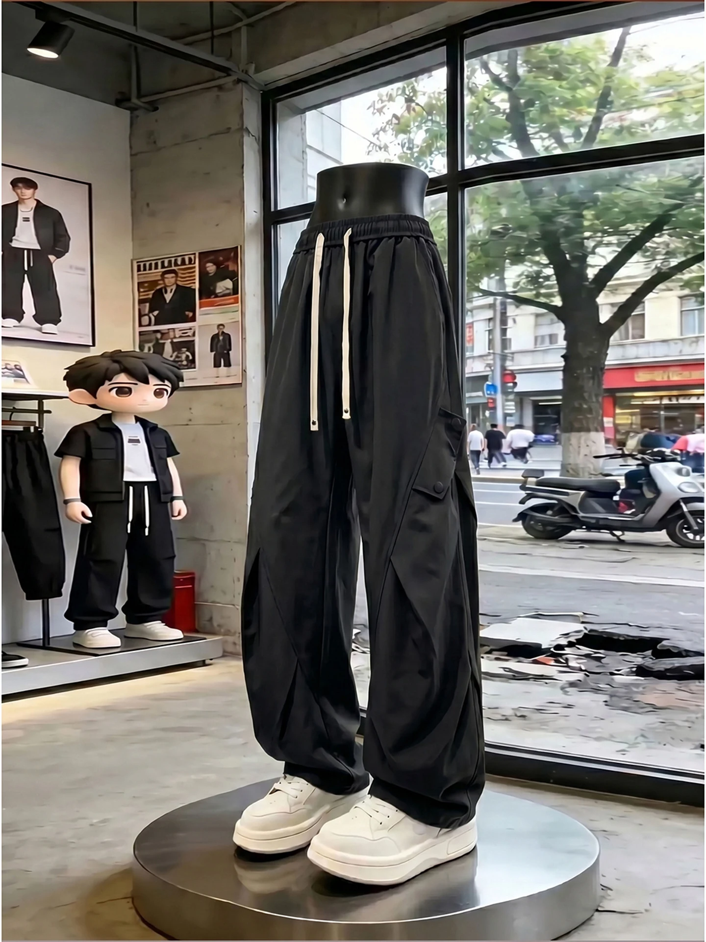 Black Ice Silk Men's Summer Thin Straight Leg Quick Dry Casual Pants Folded Design Comfortable Breathable Sporty Workwear