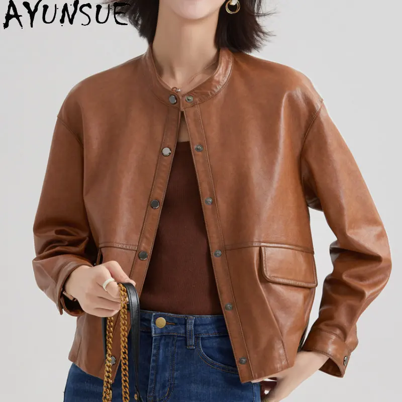 AYUNSUE blouson en cuir véritable pour femme, vêtement court et décontracté en peau de mouton, 2023