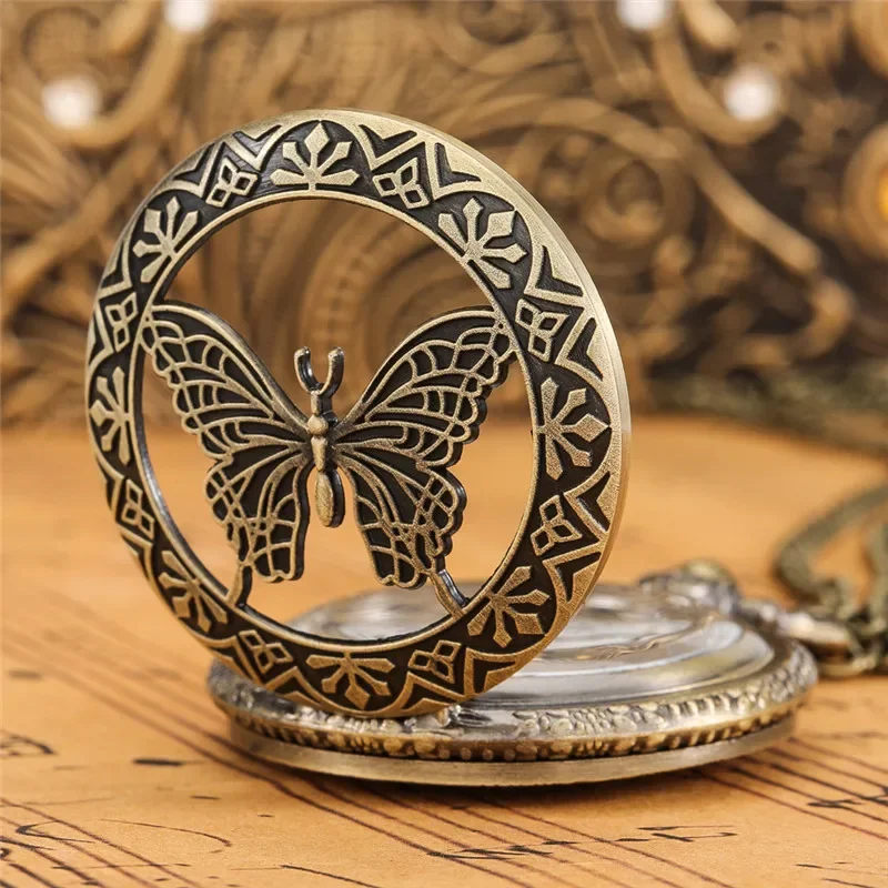 Steampunk Hollow Out Butterfly Pocket Watch Bronze Quartz Analog Watches for Men Women Arabic Number Dial Necklace Chain Reloj