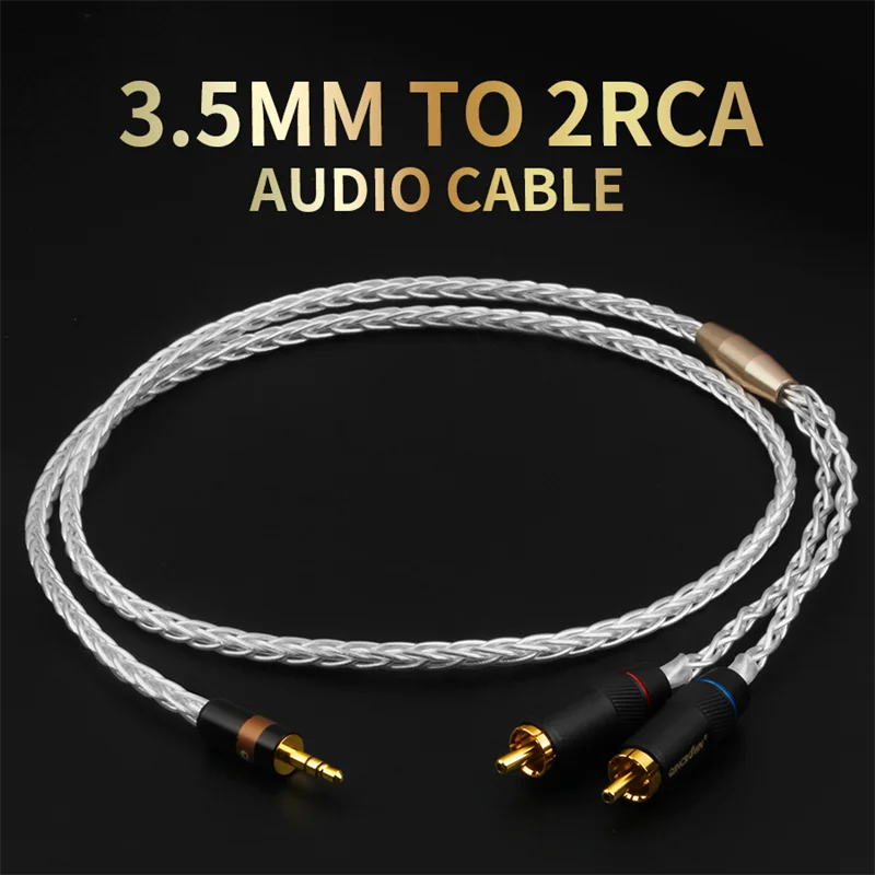 QINCROWN HiFi Pure Copper Single Crystal Silver 3.5MM Jack to 2RCA Audio Cables Phone PC Amplifier Speaker Line