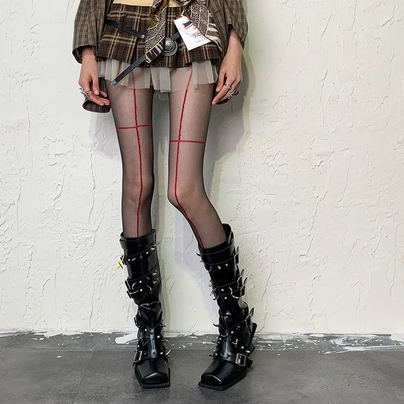 النساء أسود أحمر المتناقضة عبر خط شبكة جوارب ضئيلة رقيقة جدا مكافحة هوك جوارب طويلة نحيل المظهر مثير أسود شير الجوارب