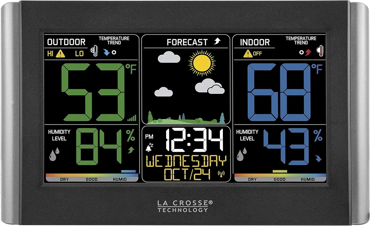 

Temperature, Dew Point, Humidity, Time, Heat Index, Large Display, Adjustable Brightness, Wireless, Black, C85845-INT