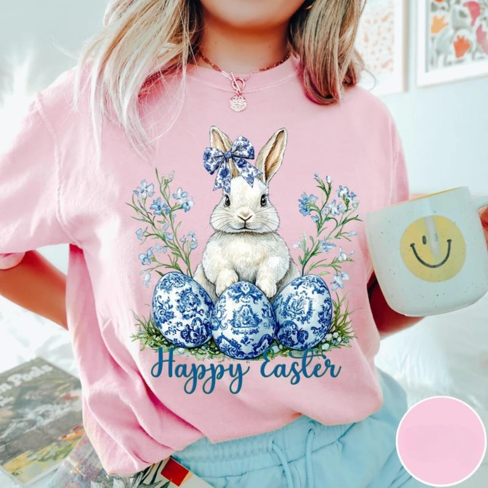 Fröhliches Oster-T-Shirt, Vintage Osterhase-Shirt, Damen-Oster-T-Shirt, trendiges, süßes Oster-T-Shirt, Rundhals-Baumwoll-T-Shirt