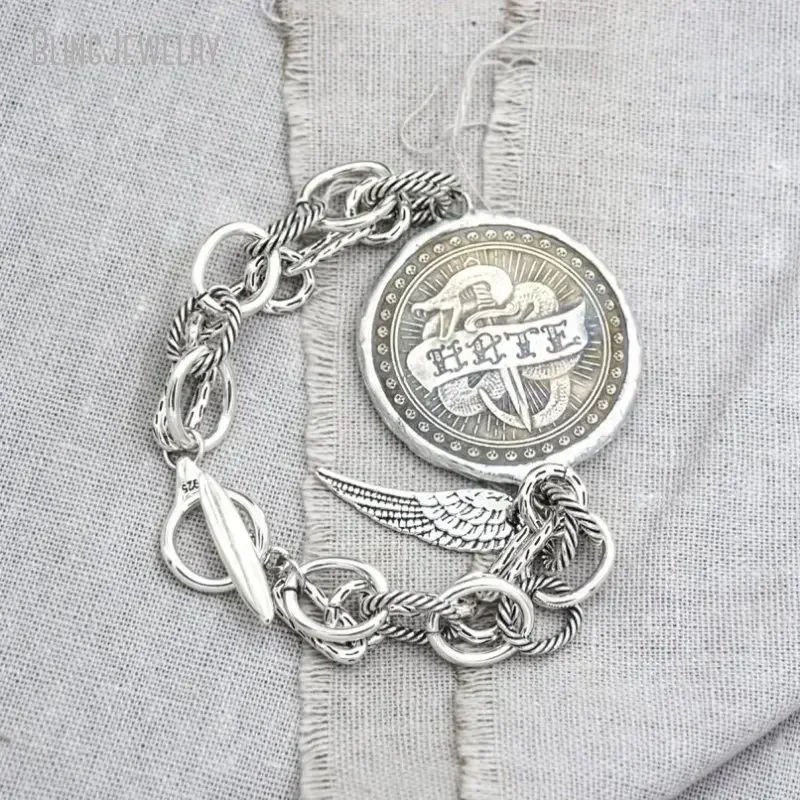 10PCS Hippie Love Medal Coin Charm Bracelet Antique Silver Plated Chain Women Boho  Jewelry Inoxidable Ascesorios Tiki