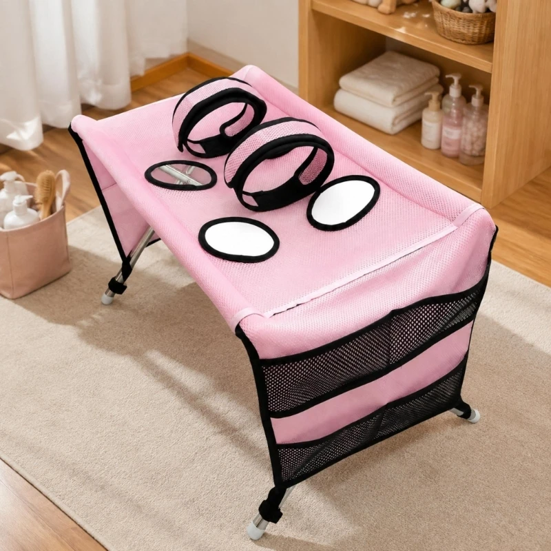 Pet Grooming Bed with Fabric Platform, Four Leg Openings and Twin Upright Rings for Bathing, Brushing and Routine Coat Care KXRE