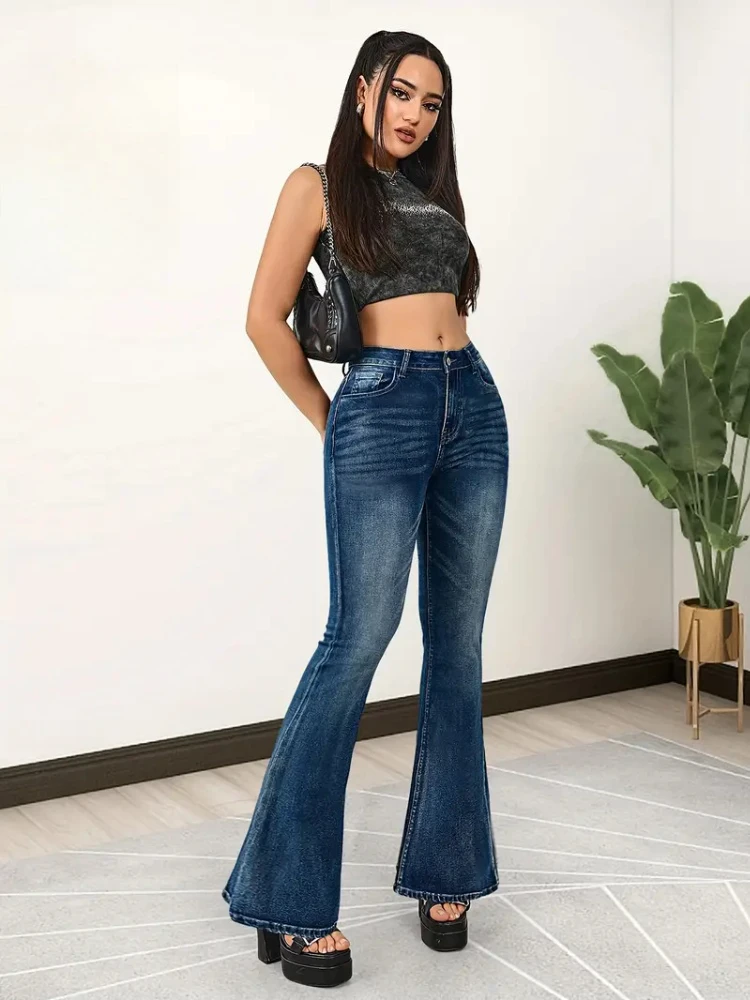 AOSSVIAO Pantalones vaqueros para mujer, pantalones vaqueros acampanados de cintura alta con botones y elásticos, pantalones ajustados lavados versátiles informales de estilo americano