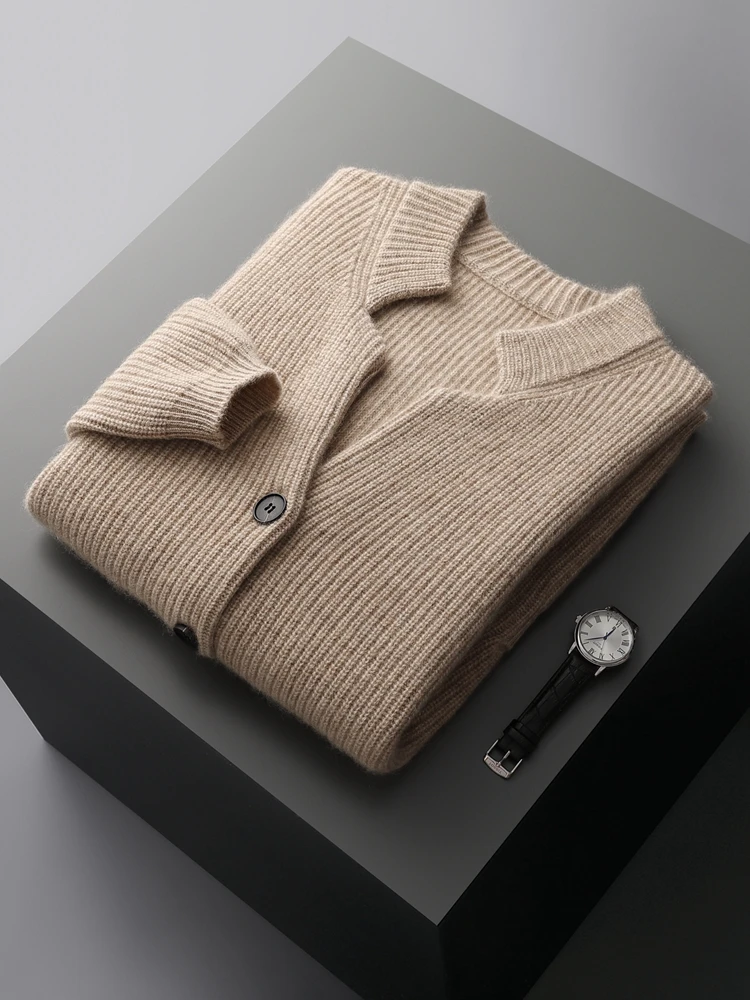

TLOML Men's 100% Cashmere Sweater Thick V-neck pocket Cardigan Classical Smart Casual Cashmere Knitwear Autumn Winter Comfy Coat