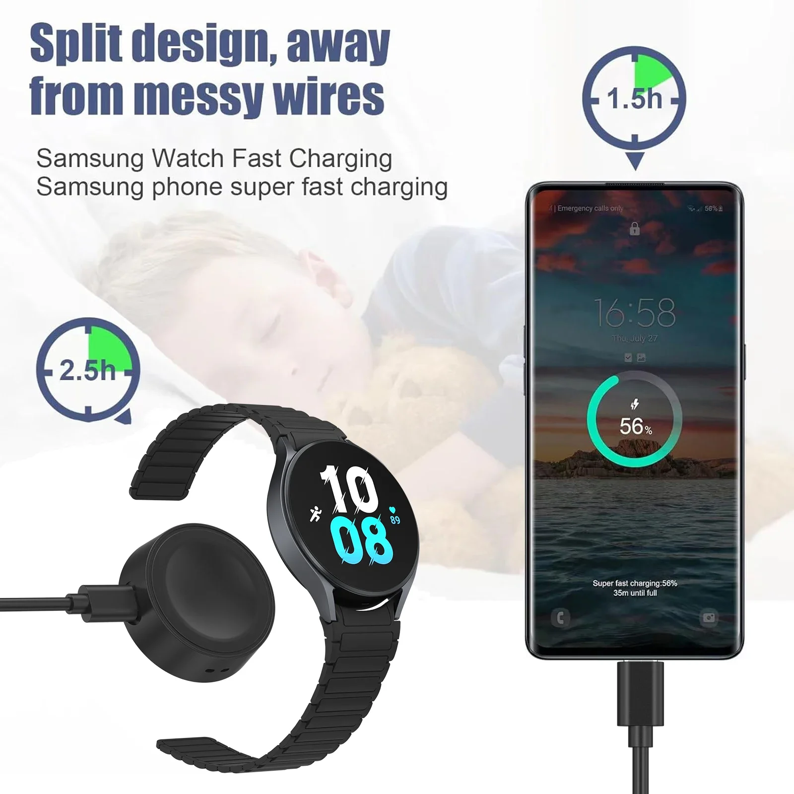 2in1 Charging Base Stand For Samsung Galaxy Watch 4 6 5 Pro 4 Classic Type C Fast Charger Cable For Samsung Galaxy S/A/Z/M/Note