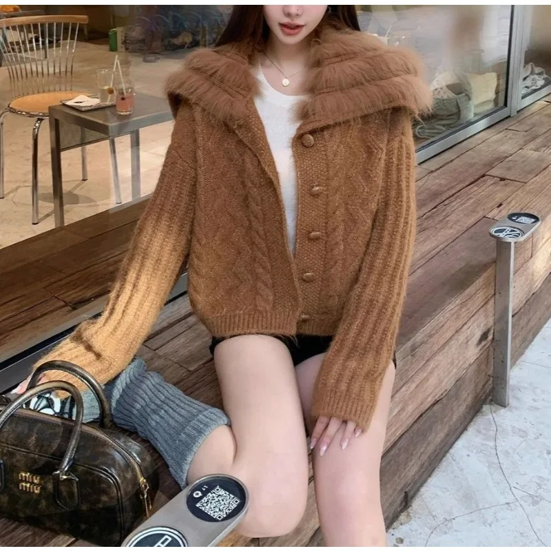 

Autumn and Winter Fox Hair Large Lapel Neck Sweater Knitted Sweater Women's Navy Collar Short Jacket 25 New