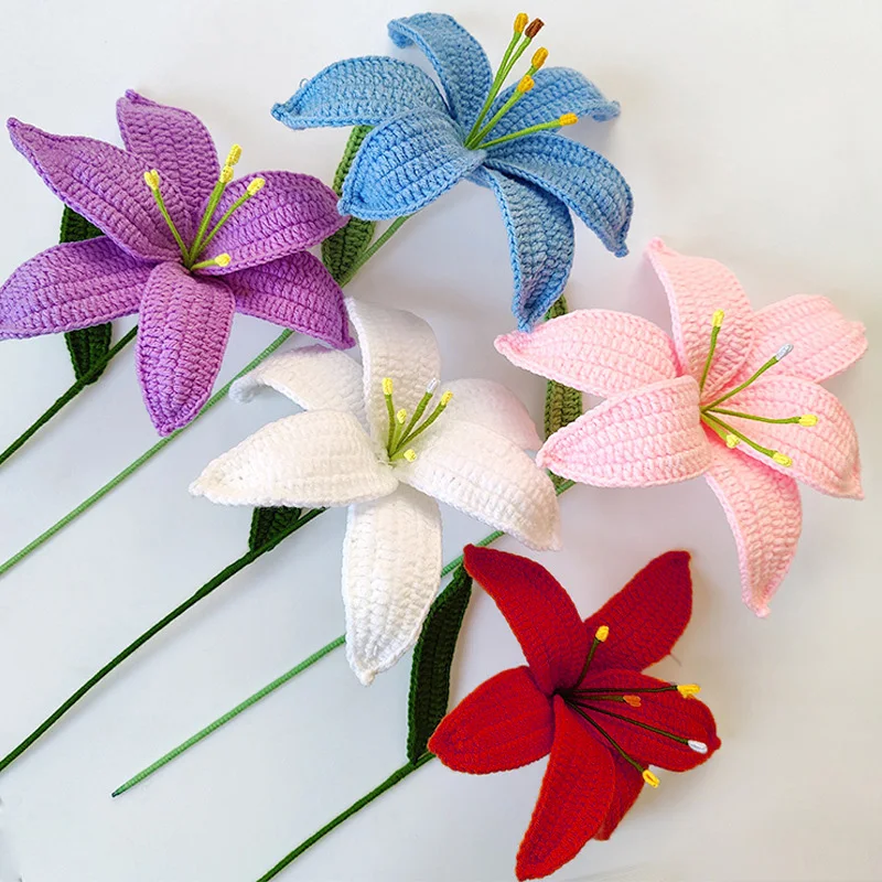 Artificial Knitting Lily Flowers Hand Crochet Woven Simulation Floral Bouquet Valentine's Day Birthday Flower Gift Party Decor