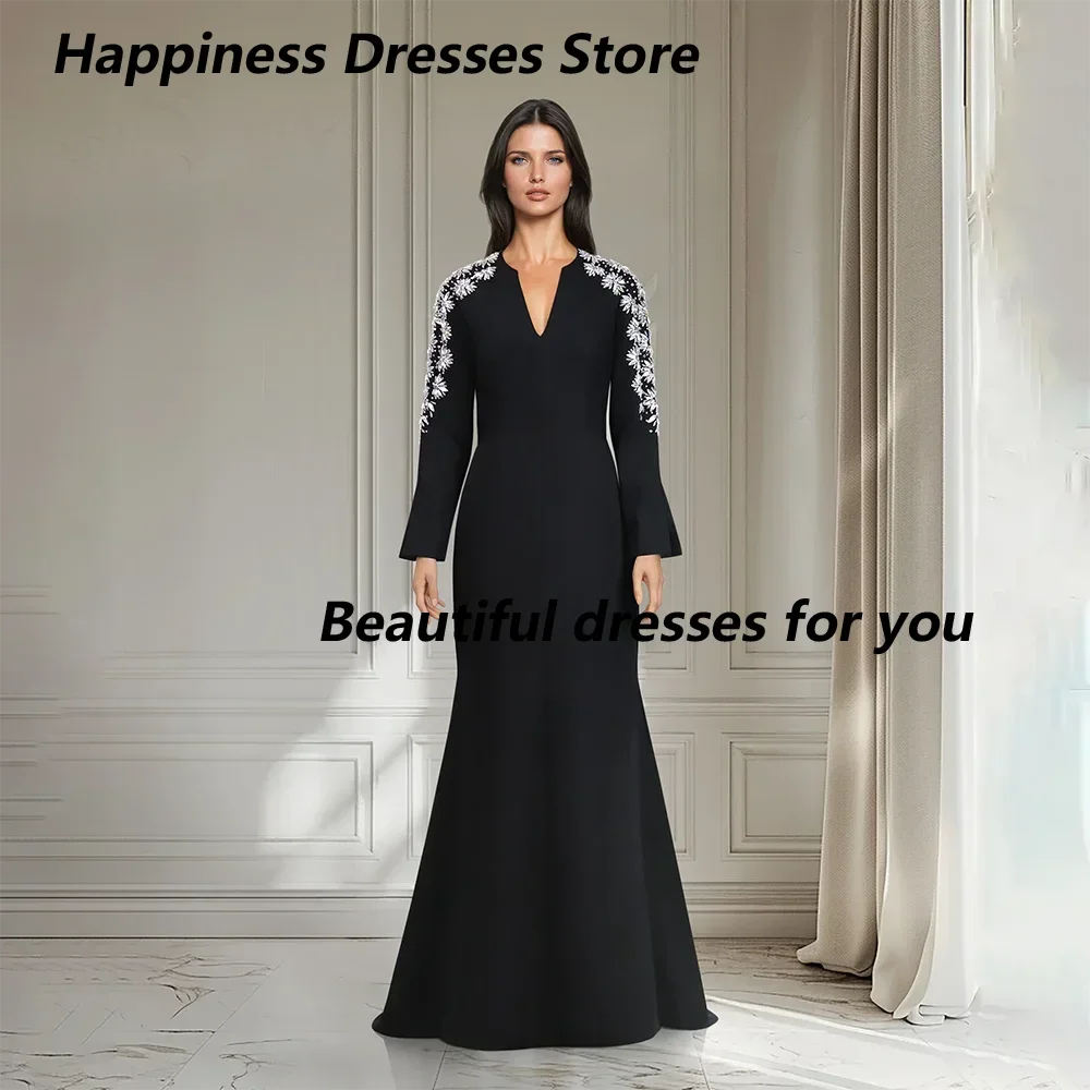 Customized Elegant Mermaid Prom Dress Crystals Long Sleeves Evening Party Dress Floor Length Bespoke Occasion Dresses