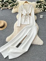 SINGREINY Office Lady Knitted Suits Female Long Sleeve Notched Collar Tops+Wide Legs Pants Women Winter Fashion Thick 2pcs Set - Image 3